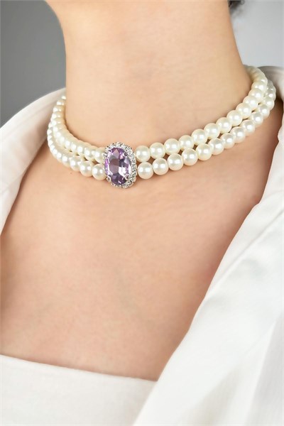 Crystal Winged Pearl Choker Necklace - Purple