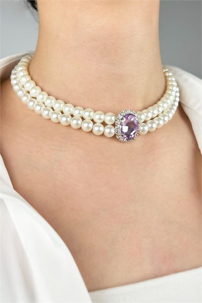 Crystal Winged Pearl Choker Necklace - Purple