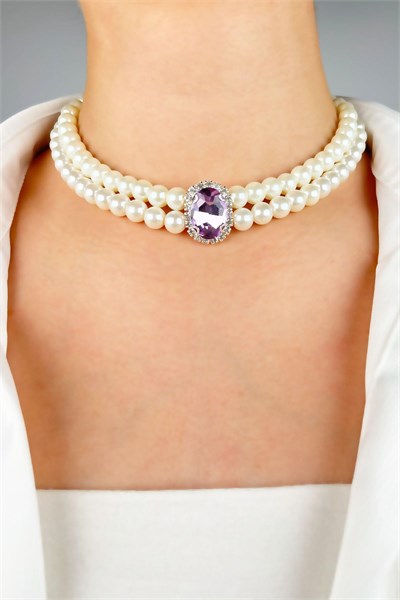 Crystal Winged Pearl Choker Necklace - Purple