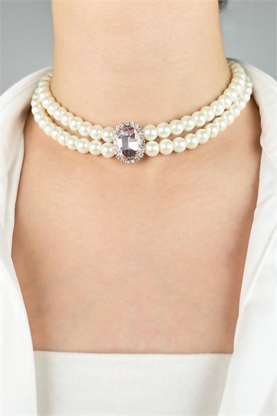 Crystal Winged Pearl Choker Necklace - Pink