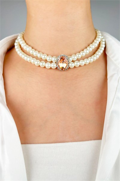 Crystal Winged Pearl Choker Necklace - Orange