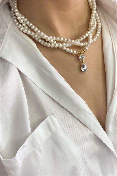 Crystal Winged Spiral Pearled Necklace - White