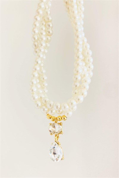 Crystal Winged Spiral Pearled Necklace - White