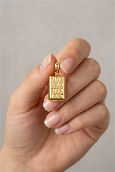 Bar-Shaped Brass Pendant with Raised Fine-Gold Detail and Cubic Zirconia - Gold-Tone