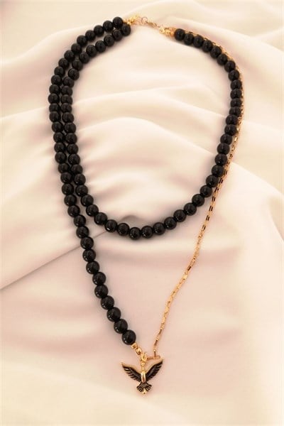 Bird Figure Gold Chain and Black Bead Double Necklace