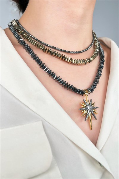 Polar Star Winged Natural Hematite Stone Design Necklace - Smoke