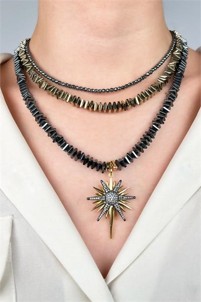 Polar Star Winged Natural Hematite Stone Design Necklace - Smoke