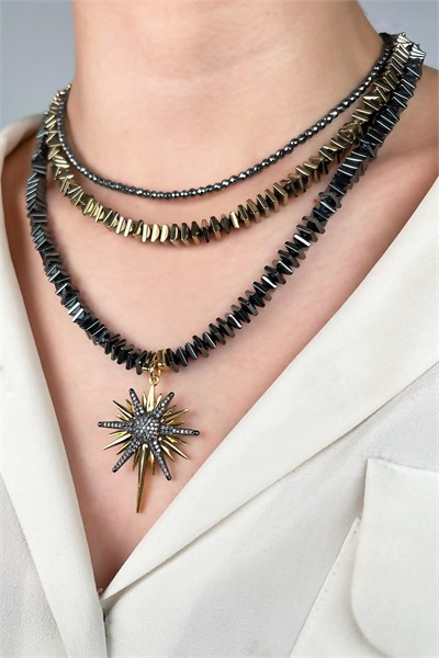 Polar Star Winged Natural Hematite Stone Design Necklace - Smoke