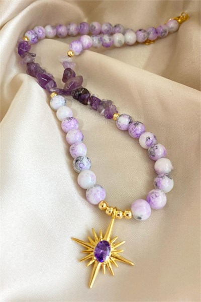 Polar Star Winged Crystal Glass Bead Natural Stone Necklace - Purple