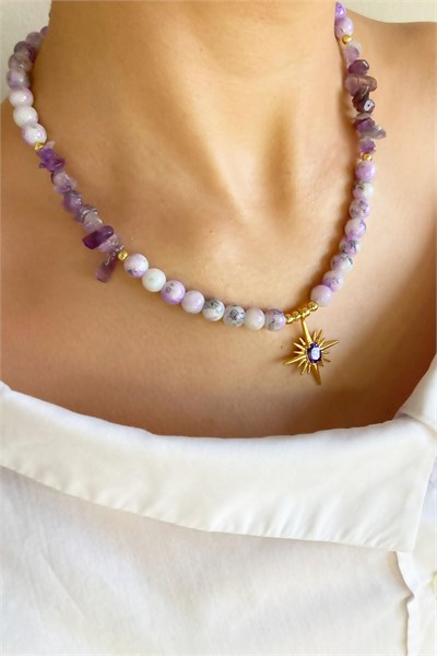 Polar Star Winged Crystal Glass Bead Natural Stone Necklace - Purple