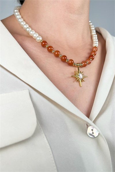 Polar Star Winged Pearl and Bead Necklace - Orange