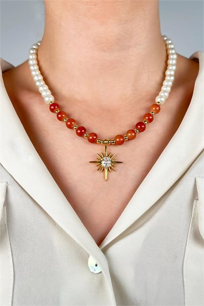 Polar Star Winged Pearl and Bead Necklace - Orange
