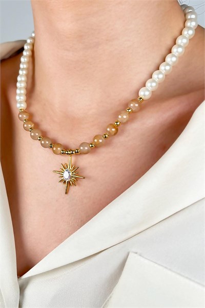 Polar Star Winged Pearl and Bead Necklace - Fawn
