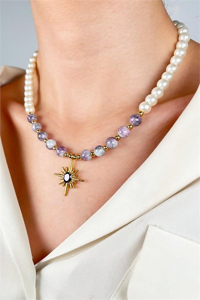 Polar Star Winged Pearl and Bead Necklace - Lilac
