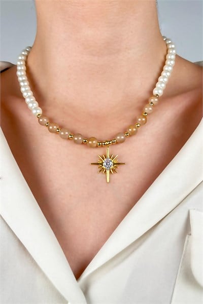 Polar Star Winged Pearl and Bead Necklace - Fawn