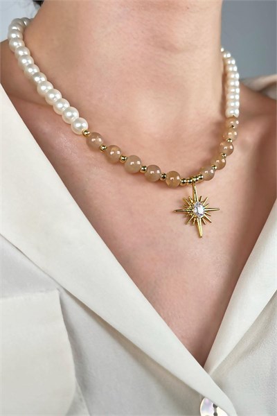 Polar Star Winged Pearl and Bead Necklace - Fawn