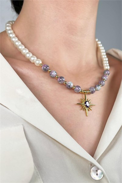 Polar Star Winged Pearl and Bead Necklace - Lilac
