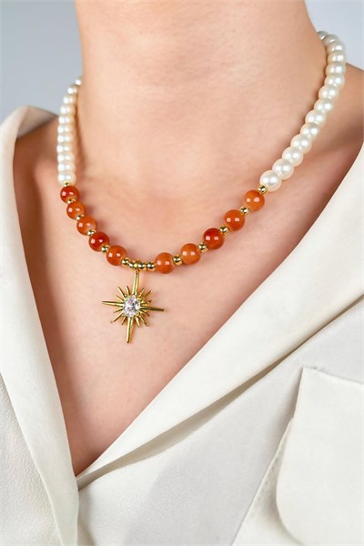 Polar Star Winged Pearl and Bead Necklace - Orange