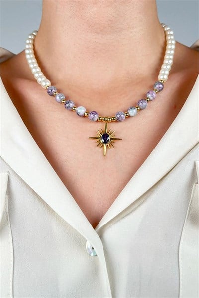 Polar Star Winged Pearl and Bead Necklace - Lilac