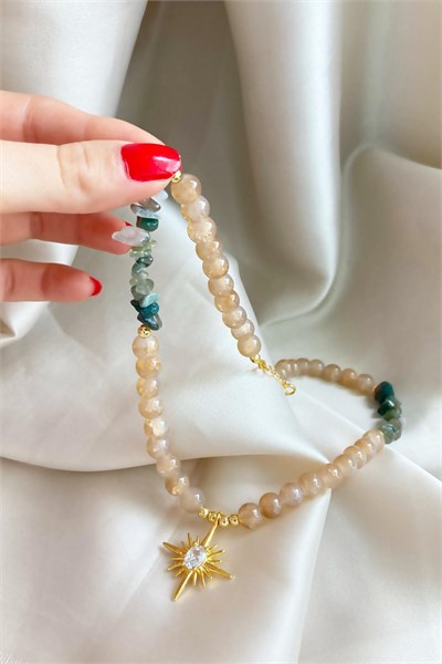 Polar Star Winged Crystal Glass Bead Natural Stone Necklace - Green