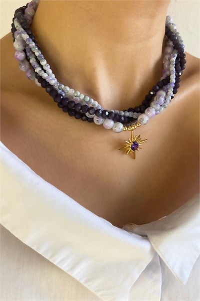 Polar Star Winged Crystal Glass Bead Spiral Necklace - Purple
