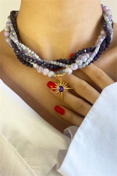 Polar Star Winged Crystal Glass Bead Spiral Necklace - Purple