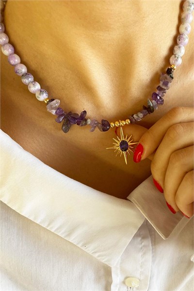 Polar Star Winged Crystal Glass Bead Natural Stone Necklace - Purple