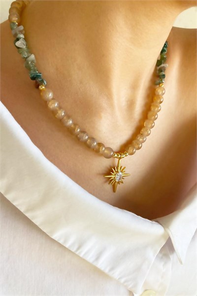 Polar Star Winged Crystal Glass Bead Natural Stone Necklace - Green