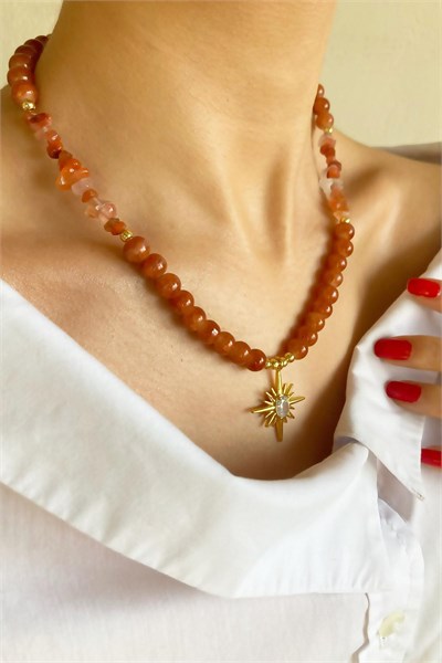 Polar Star Winged Crystal Glass Bead Natural Stone Necklace - Orange