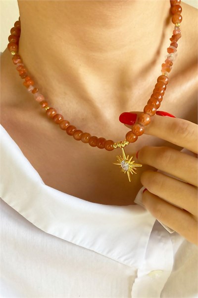 Polar Star Winged Crystal Glass Bead Natural Stone Necklace - Orange
