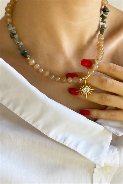 Polar Star Winged Crystal Glass Bead Natural Stone Necklace - Green