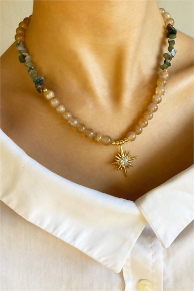 Polar Star Winged Crystal Glass Bead Natural Stone Necklace - Green