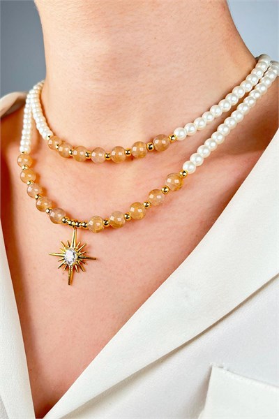 Northern Star Winged Double Row Pearl Necklace - Orange