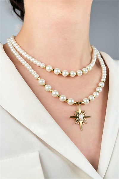 Northern Star Winged Double Row Pearl Necklace - White