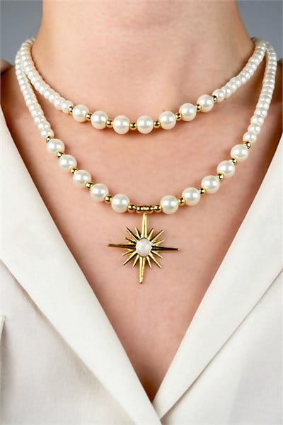 Northern Star Winged Double Row Pearl Necklace - White