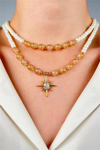 Northern Star Winged Double Row Pearl Necklace - Orange