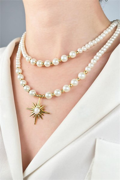Northern Star Winged Double Row Pearl Necklace - White