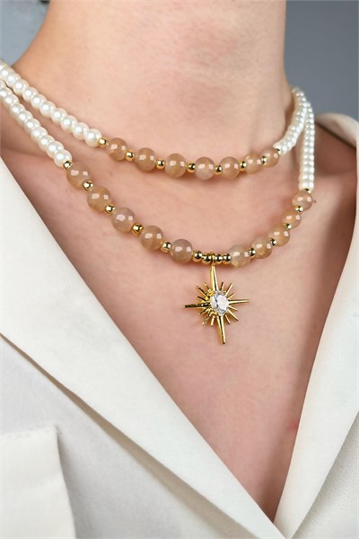 Northern Star Winged Double Row Pearl Necklace - Orange