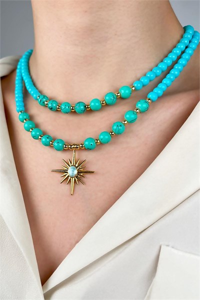 Northern Star Winged Double Row Pearl Necklace - Turquoise
