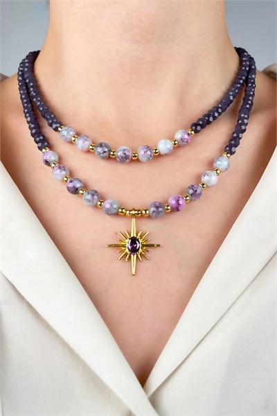 Northern Star Tip Crystal and Glass Bead Necklace - Purple