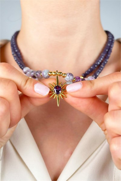 Northern Star Tip Crystal and Glass Bead Necklace - Purple