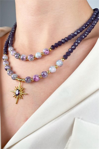 Northern Star Tip Crystal and Glass Bead Necklace - Purple