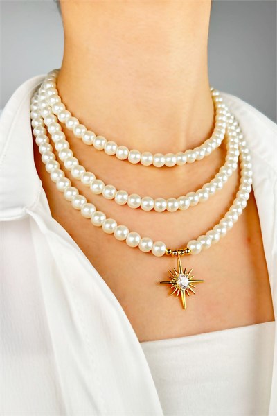 Northern Star Tip Three Row Pearl Necklace