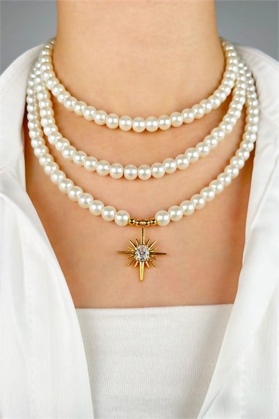 Northern Star Tip Three Row Pearl Necklace