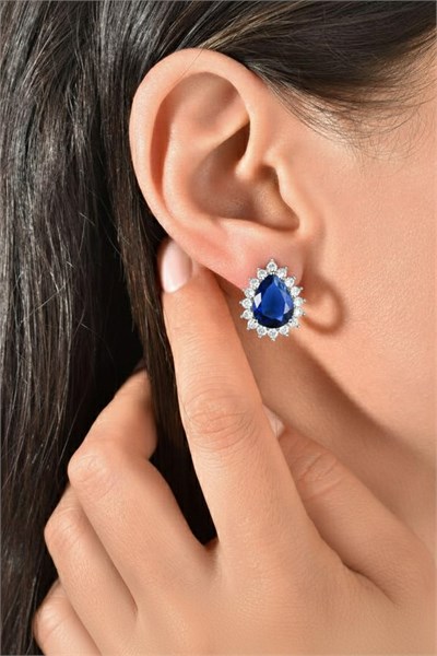 Navy Zircon Teardrop Evening Earrings – Sparkling Silver Tone Elegant Design