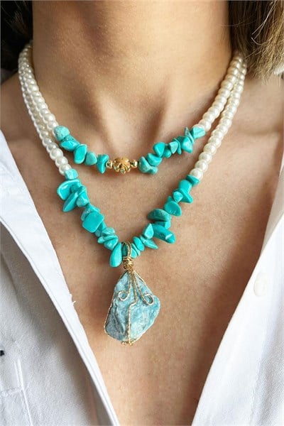 Larimar Natural Stone and Turquoise Crushed Stone Double Pearl Necklace