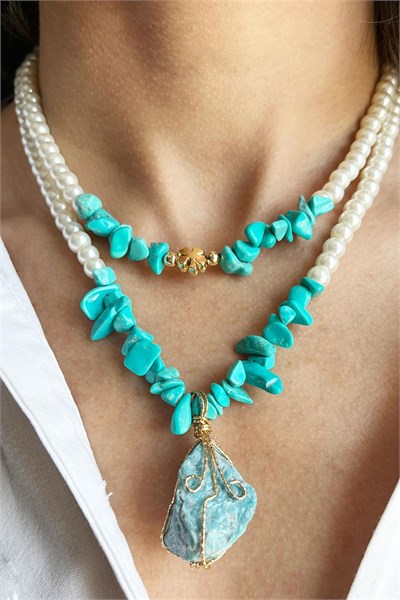 Larimar Natural Stone and Turquoise Crushed Stone Double Pearl Necklace