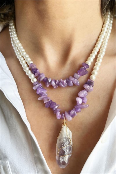 Lilac Amethyst Natural Stone and Purple Crushed Stone Double Pearl Necklace