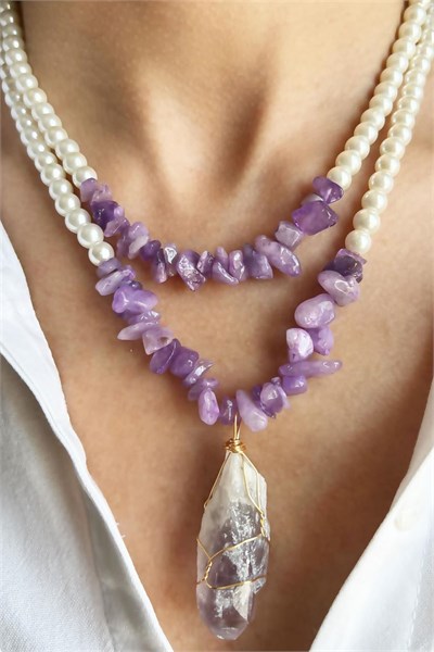 Lilac Amethyst Natural Stone and Purple Crushed Stone Double Pearl Necklace