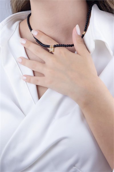 M Letter Black Pearl Design Necklace
